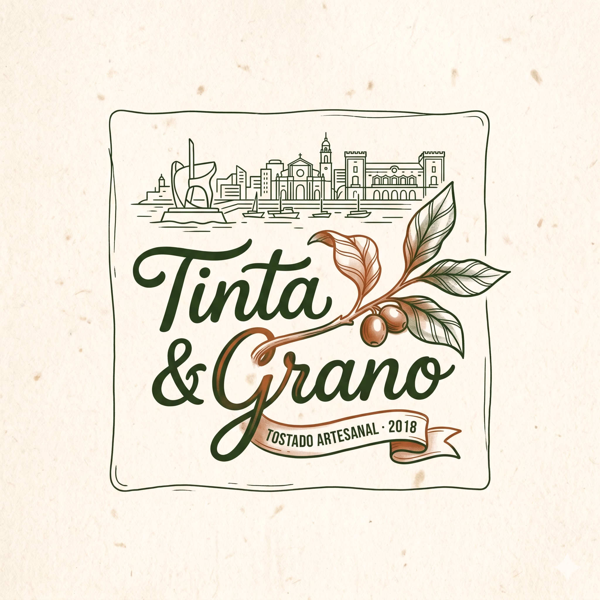 Logo de cafetería estilo artesanal hand-drawn, ejemplo Tinta y Grano con ilustración de rama de café